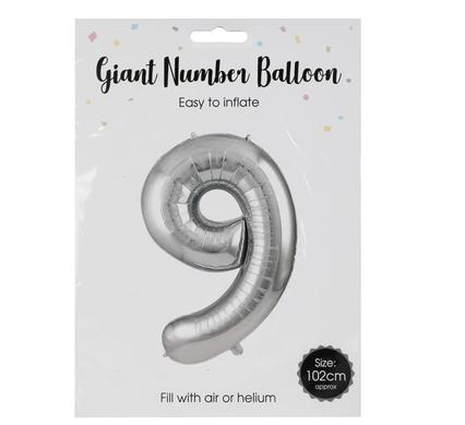 Image of a silver #9 birthday balloon