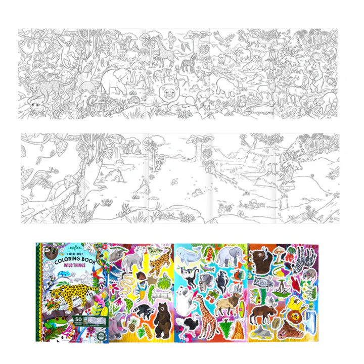 Coloring book, stickers, and coloring sheet with animal illustrations on a white background