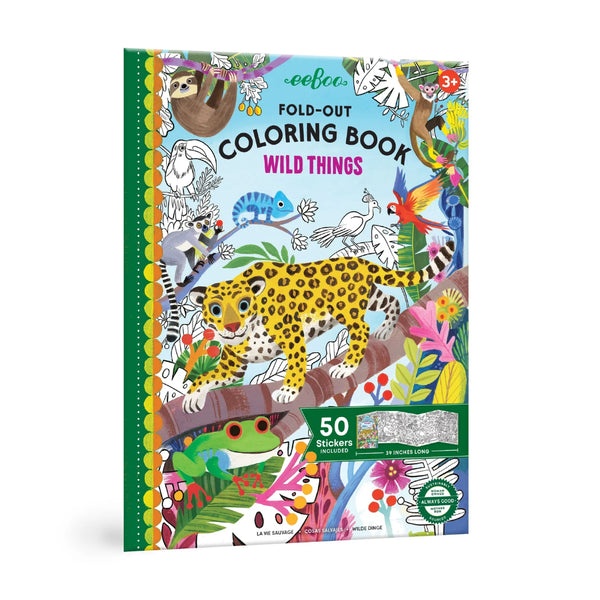 Coloring book titled 'Wild Things' with illustrations of animals and stickers on a white background