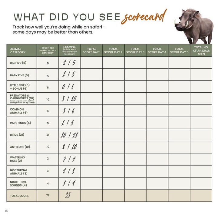 Scorecard in the Safari and Me activity book 