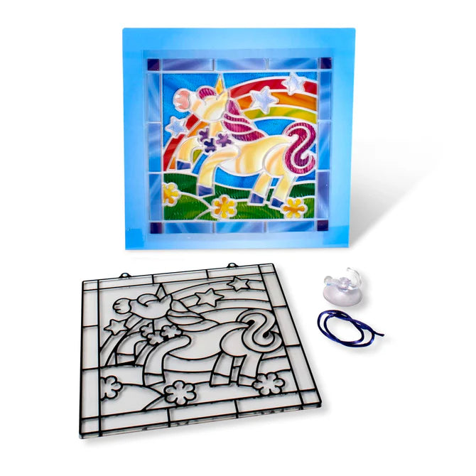 Stained glass kit with unicorn design on a white background