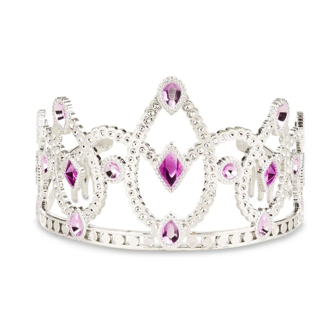Silver tiara with pink gemstones on a white background