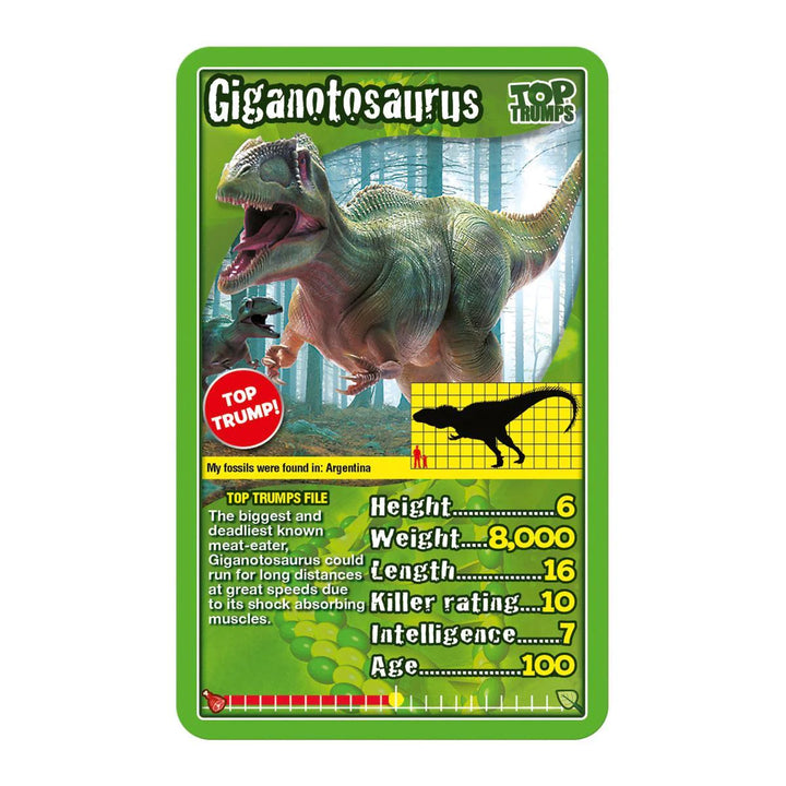 Top Trumps card featuring a Gigantosaurus dinosaur with stats on a green border.