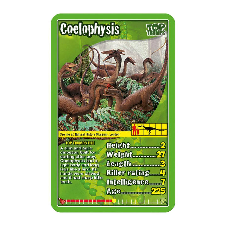 Coelophysis dinosaur card from Top Trumps on a green background