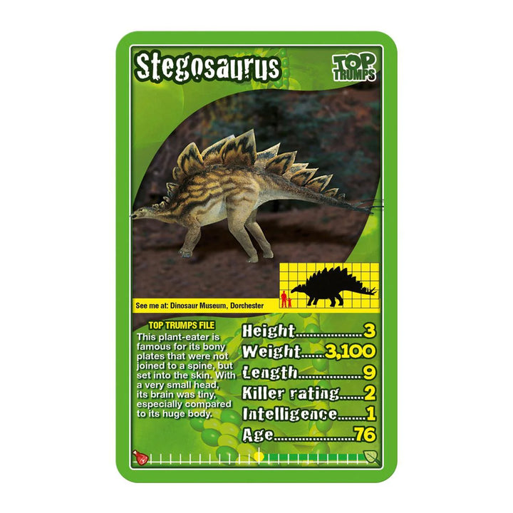 Stegosaurus card from Top Trumps with dinosaur illustration and statistics on a green border.